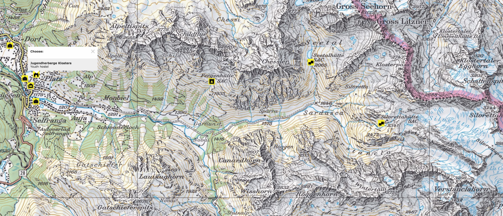 Topo map of Klosters to the Silvretta Hut