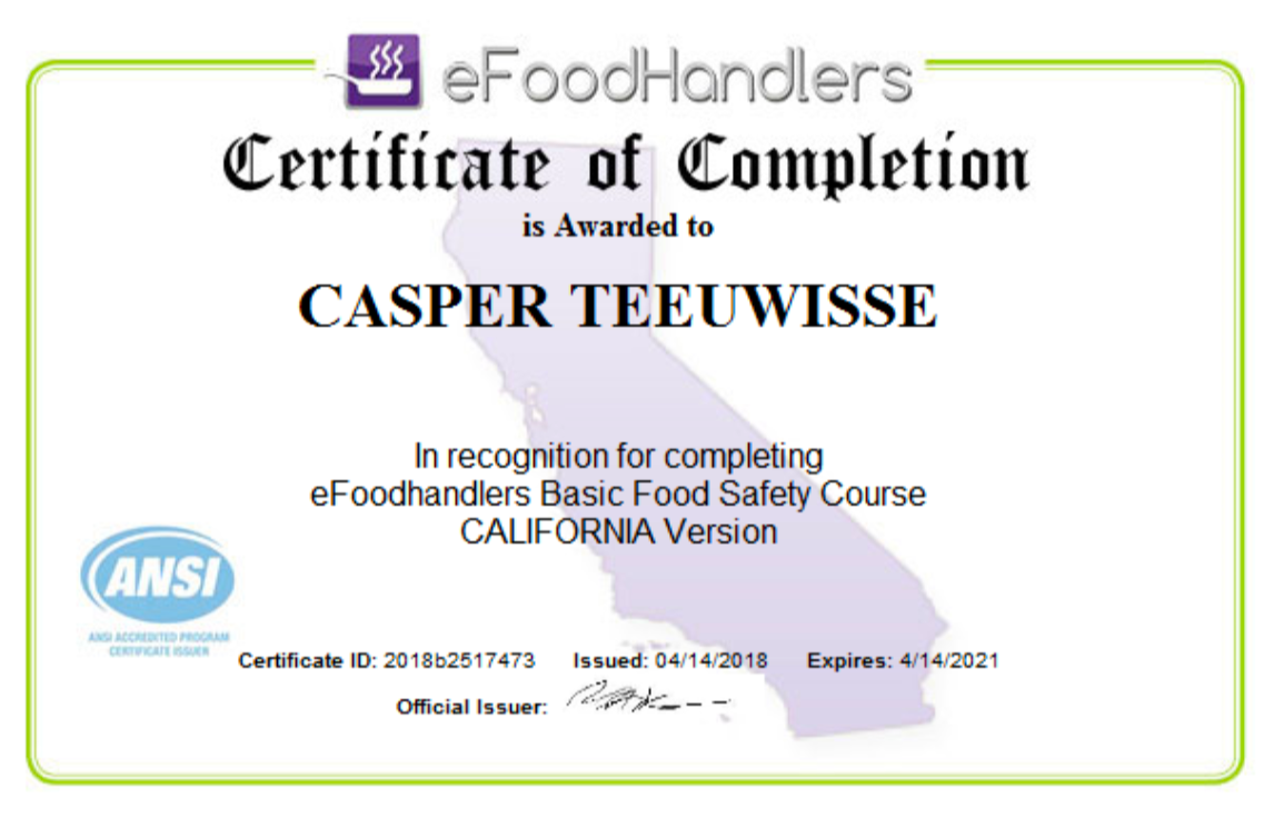 Casper's eFoodHandlers certificate of completion